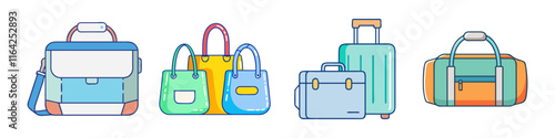 Illustration of Bags and Luggage Styles - A vector illustration featuring various types of bags and luggage, including a messenger bag, handbags, suitcase, and duffle bag in vibrant colors.
