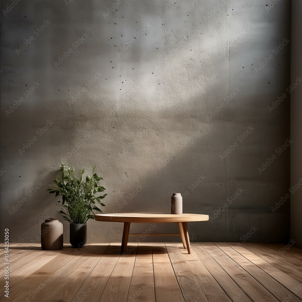 An empty studio scene with concrete walls and a wooden table set against a minimalist