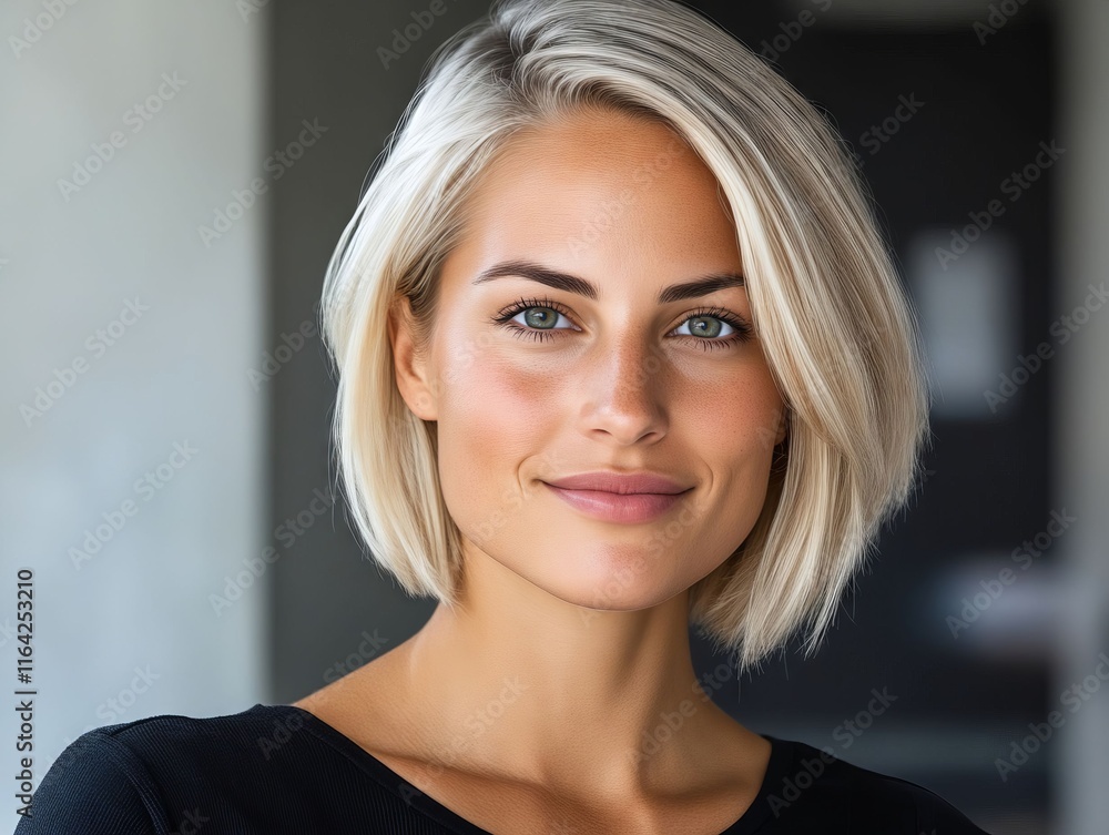A woman with blonde hair and blue eyes smiles at the camera A woman with blonde hair and blue eyes smiles at the camera