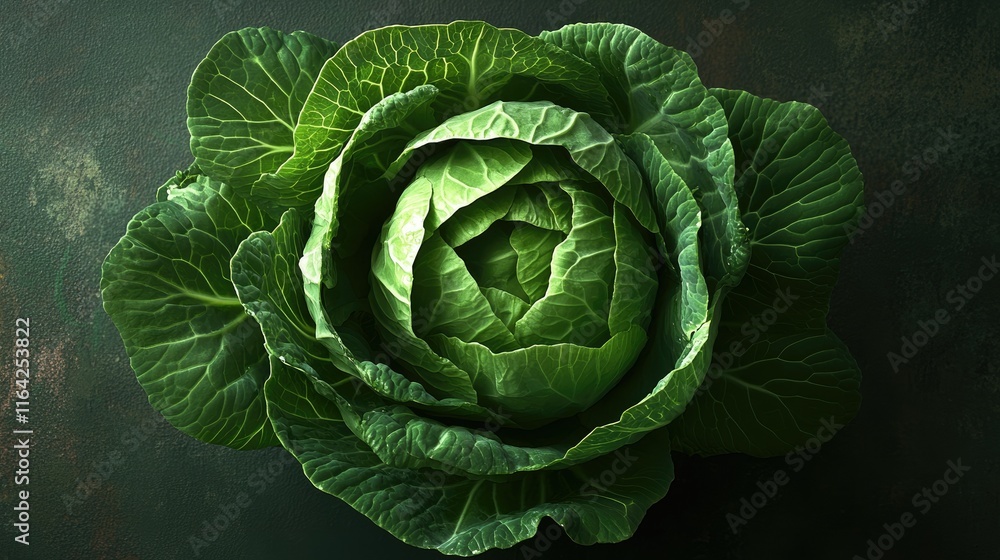 Obraz premium Fresh Green Cabbage Close-Up on Dark Background for Healthy Cooking