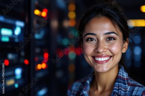 Close portrait of a smiling 40s Marshallese female IT worker looking at the camera, against dark server room blurred background. photo