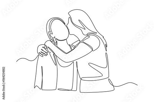 Mother and daughter concept. Single line draw design vector graphic illustration.	