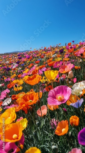 Vibrant wildflower field blooms under bright blue sky in spring