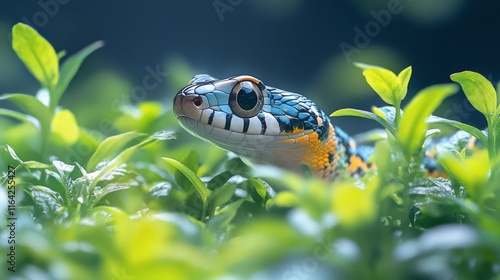 Close-up view of a colorful snake resting among green grass and dried leaves ...