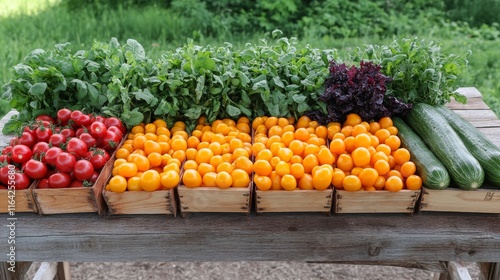 Colorful display of fresh vegetables arranged neatly on wooden table outdoors