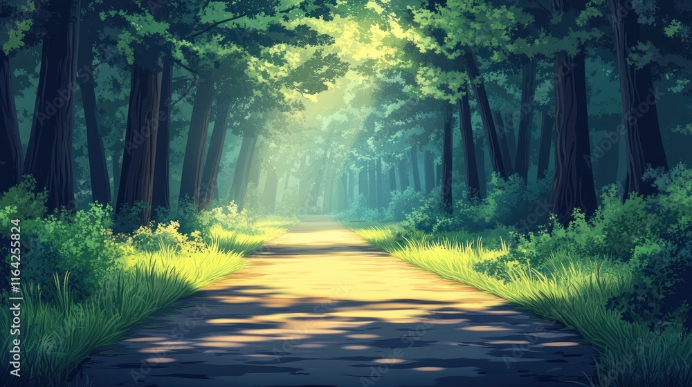 Obraz premium Sunlit path through lush green forest.