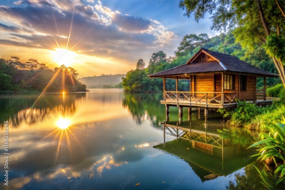 Fototapeta premium perched-on-the-edge-of-a-tranquil-glistening-lake-surrounded-by-nature
