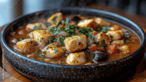 Delicious fish in savory broth served in a traditional bowl with fresh herbs ...