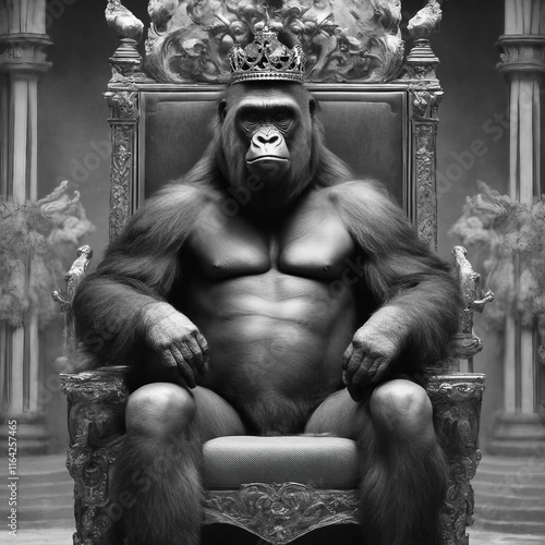 gorilla king character sitting on a throne wearing a crown