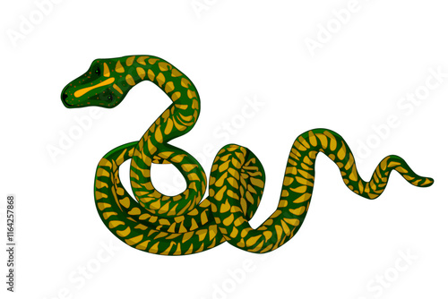 Green snake isolated on white background. Large coiled serpent with yellow spots. Long big python. Cobra, rattlesnake or anaconda symbol. Pictogram of rattler or viper. Stock vector illustration