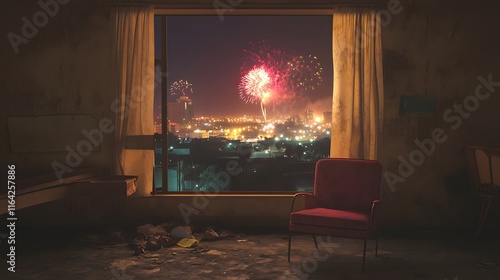 A Dramatic New YearÃs Eve Celebration in South Africa with Fireworks and the Symbolism of Renewal Through an Open Window photo