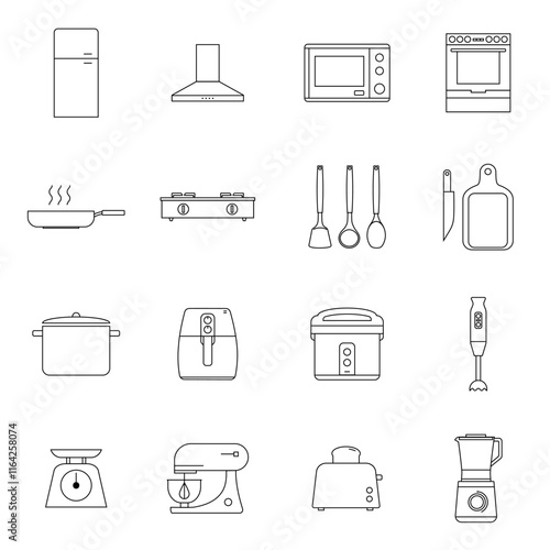 Minimalist kitchen appliance icons set featuring 16 line art illustrations of common kitchen tools and equipment, ideal for culinary projects, infographics, and design