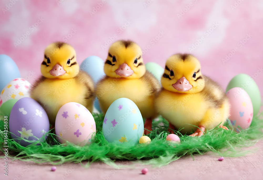 Easter colored eggs and ducklings Easter colored eggs and ducklings