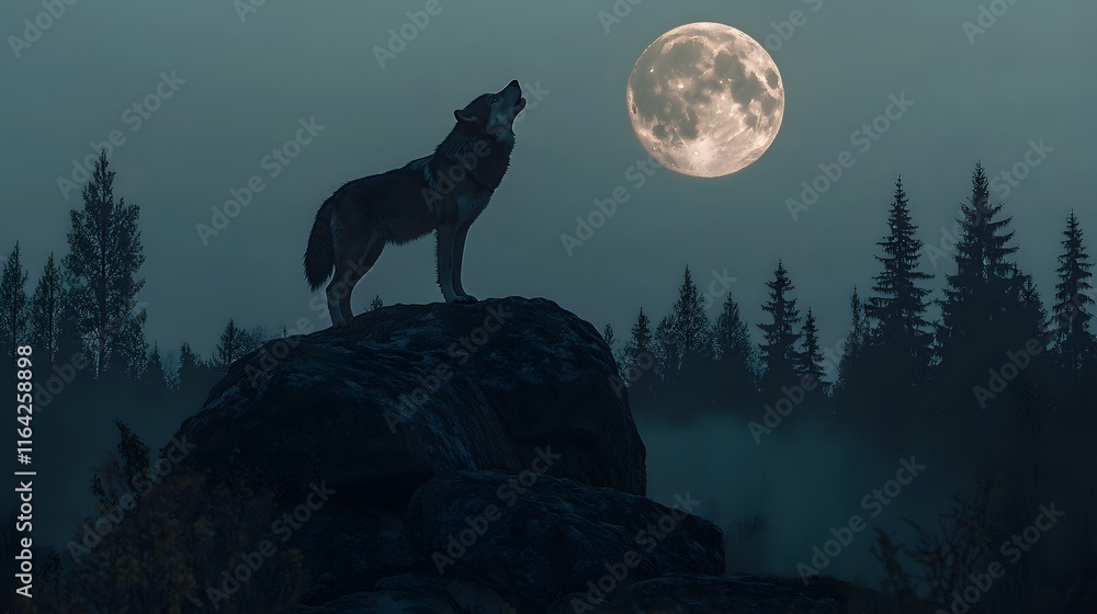 Lone Wolf Howling at the Full Moon Under a Misty Night Sky Lone Wolf Howling at the Full Moon Under a Misty Night Sky