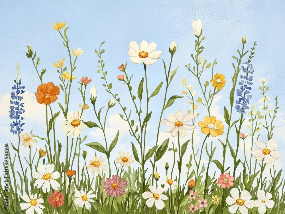 Fototapeta premium A vibrant illustration of colorful wildflowers blooming under a clear blue sky, showcasing a variety of floral species in a lush green field.