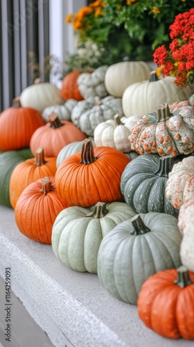 Colorful display of various pumpkins in a rustic setting for autumn decorations