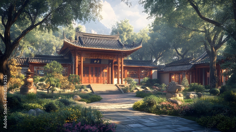 Stunning Visual of an Ornate Traditional Chinese Clan House Set Amidst Lush Landscape and Vibrant Colors Stunning Visual of an Ornate Traditional Chinese Clan House Set Amidst Lush Landscape and Vibrant Colors
