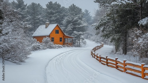 Cozy log cabin surrounded by snow-covered trees on a winter day in a secluded...