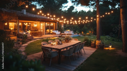 Cozy outdoor dinner setup with string lights illuminating a garden space at t...