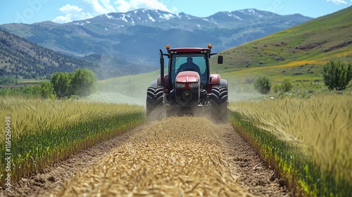 Tractor cultivating a lush green cornfield on a sunny day in a rural area