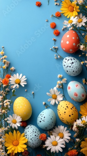 Colorful Easter eggs and flowers arranged on a light blue surface for spring ...