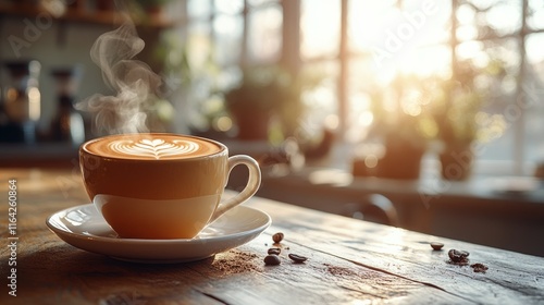 Warm coffee cup with latte art sitting on wooden table in a cozy cafe during ...
