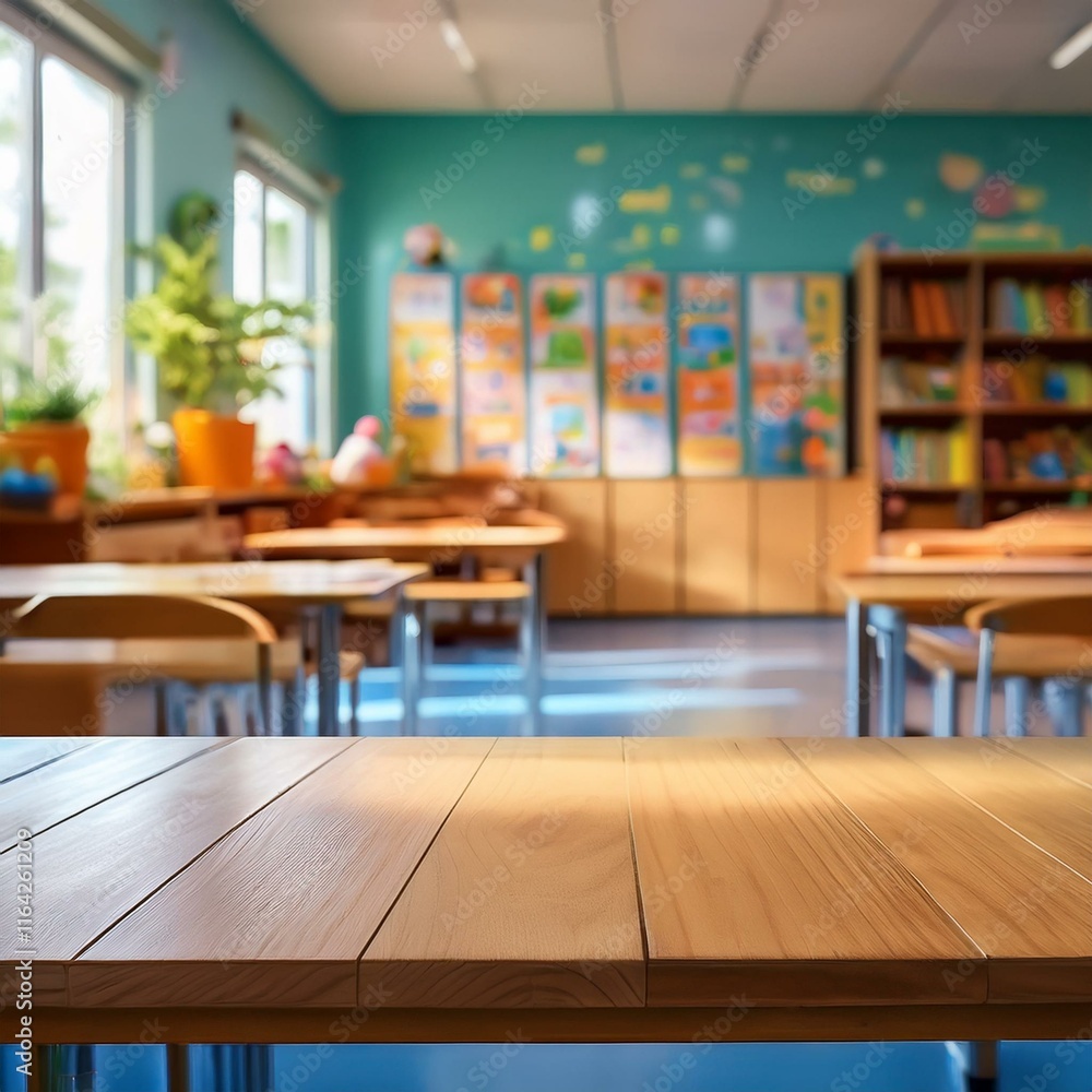 A wooden desk is set against a blurred backdrop of a child's room or kindergarten interior A wooden desk is set against a blurred backdrop of a child's room or kindergarten interior