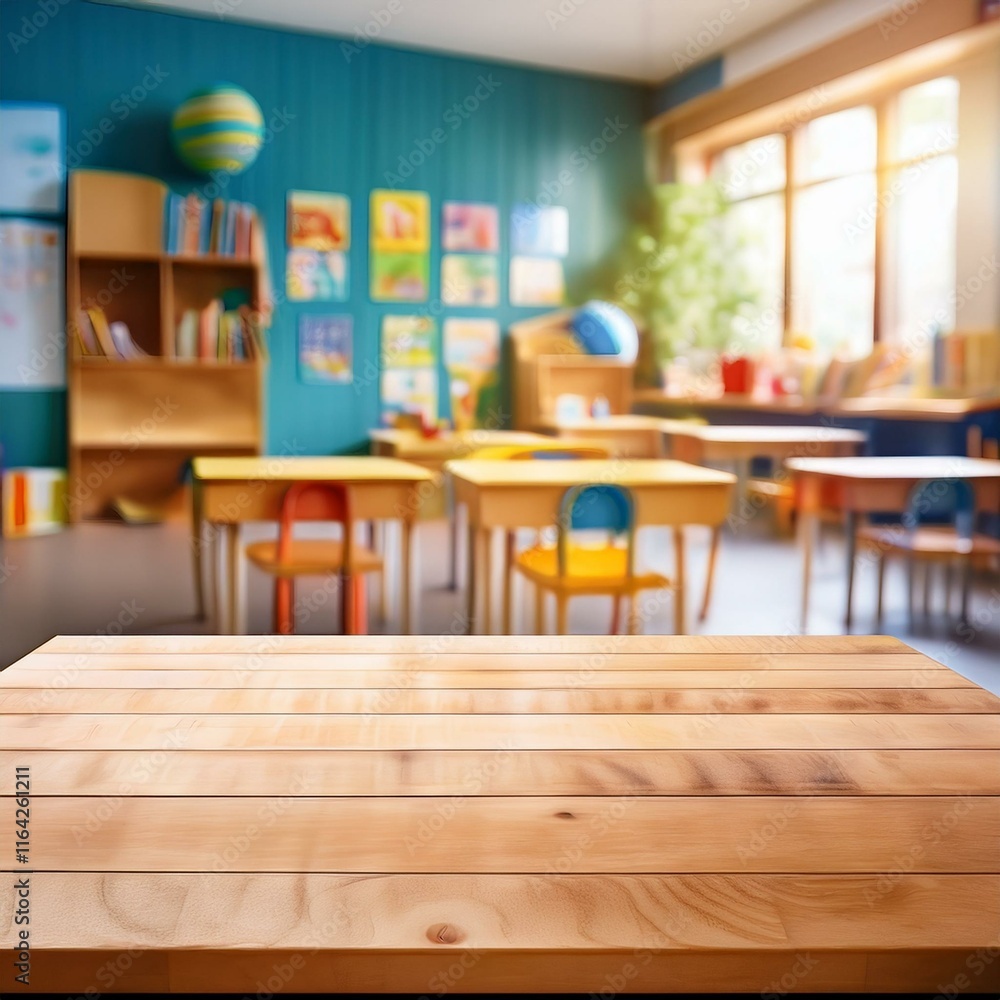 A wooden desk is set against a blurred backdrop of a child's room or kindergarten interior A wooden desk is set against a blurred backdrop of a child's room or kindergarten interior