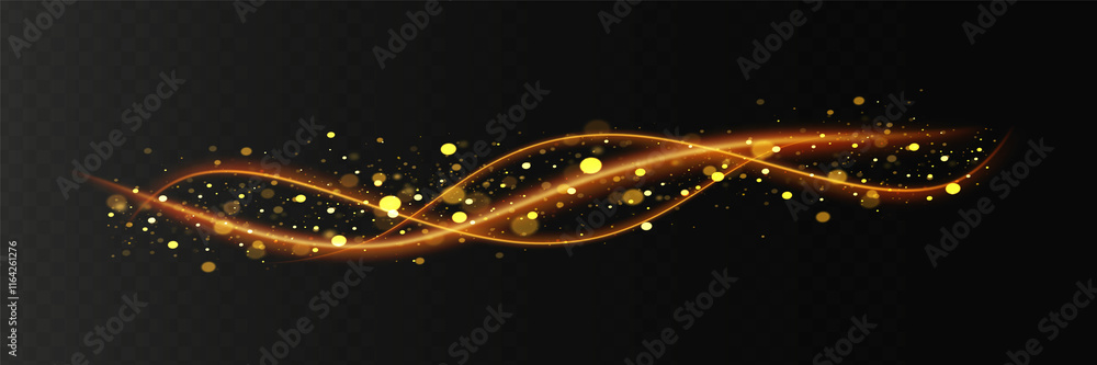 Fototapeta premium Golden flash with glittering dust particles. Christmas shooting star trail, shining light effects. Element for your design, advertising, invitation, postcards