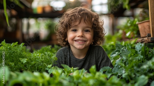Smiling child in garden surrounded by plants during daylight while watering g...