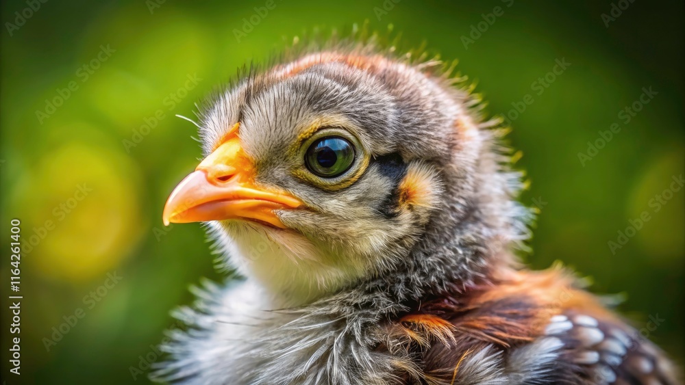 A captivating close-up of a baby Barred Rock chicken; farm animal photography at its finest. A captivating close-up of a baby Barred Rock chicken; farm animal photography at its finest.