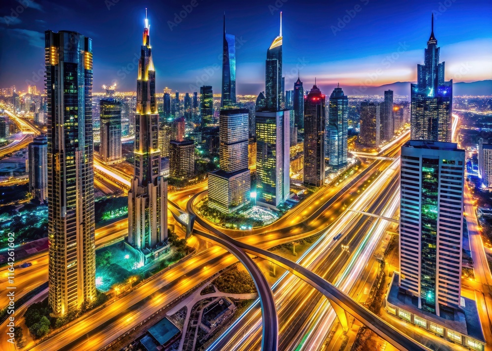 Obraz premium Aerial macro photography captures Dubai's vibrant nighttime cityscape, showcasing its iconic skyscrapers and bustling highways.