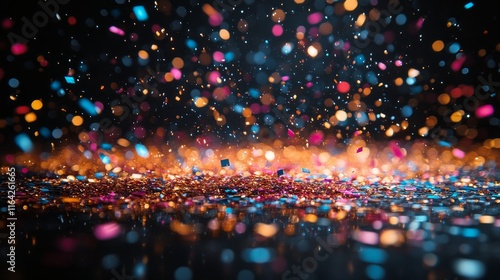 Colorful confetti falls onto a shimmering surface during a celebration in a d...