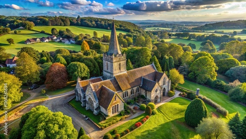 Aerial perspective: St. Barnabas Church stands majestically on Ranmore Common, Dorking, Surrey Hills. photo