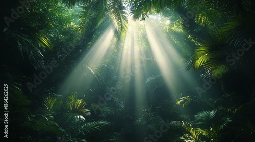 Sunlight filters through trees in a dense forest during early morning hours