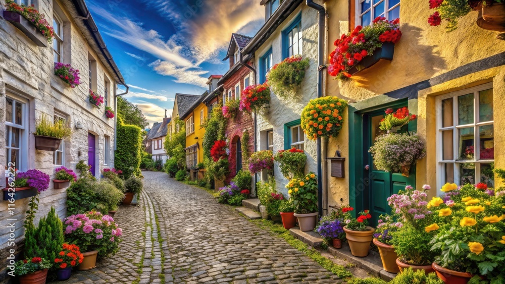 Naklejka premium A scenic pathway winds through a picturesque European village, a vibrant tapestry of flowers and homes.