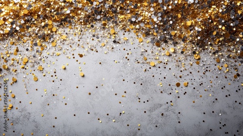 Sparkling golden and silver confetti scattered on a white surface creating a ...