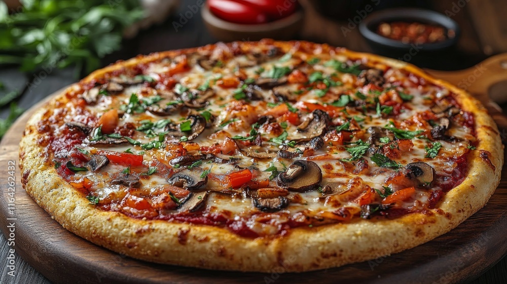 Freshly baked vegetarian pizza topped with mushrooms and fresh herbs on wooden board Freshly baked vegetarian pizza topped with mushrooms and fresh herbs on wooden board