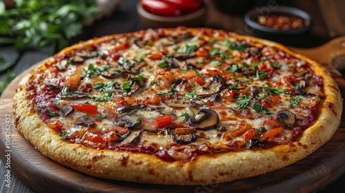 Freshly baked vegetarian pizza topped with mushrooms and fresh herbs on woode...