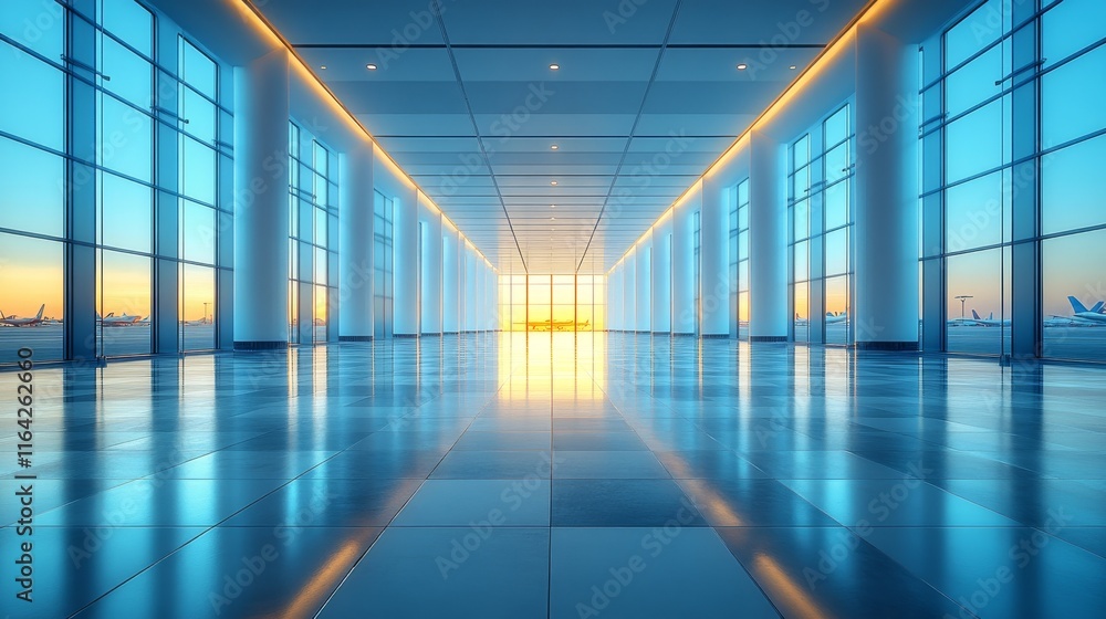 Modern airport terminal hallway with sunrise view. Modern airport terminal hallway with sunrise view.