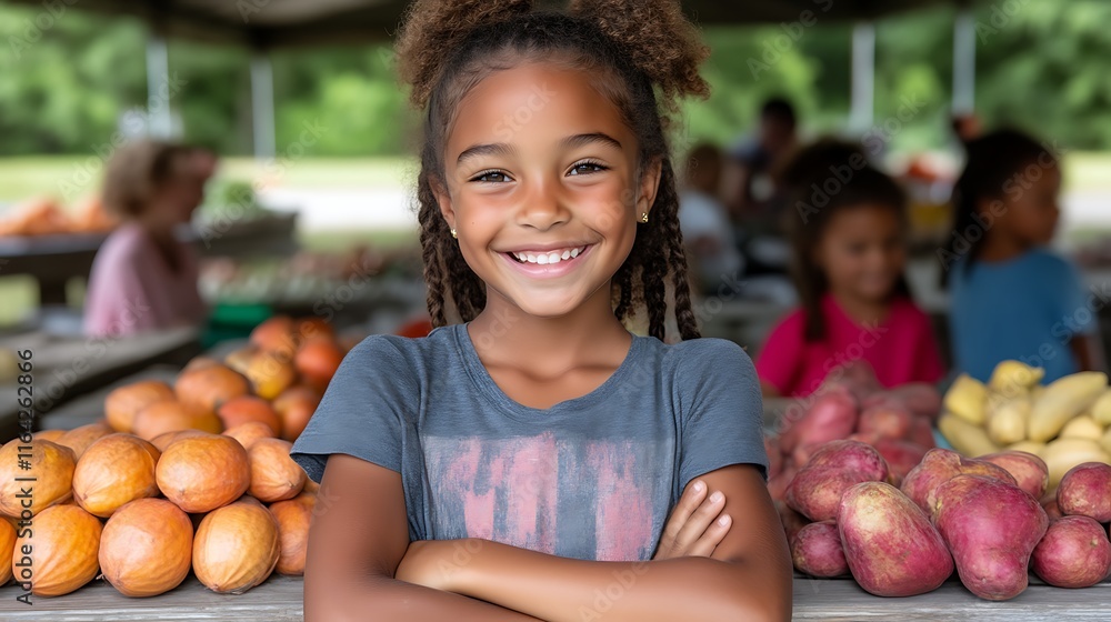 Fototapeta premium Happy Girl Smiling At Farmers Market Produce