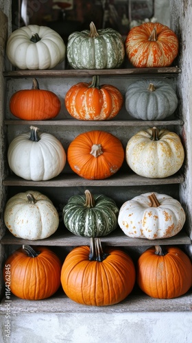 Colorful display of various pumpkins in a rustic setting for autumn decorations