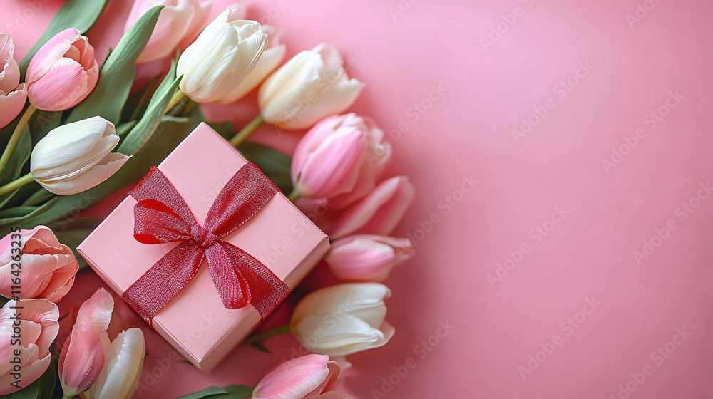 A charming pink gift box adorned with a delicate ribbon, accompanied by fresh white and pink tulips, ideal for Valentine’s Day and Mother’s Day celebrations. A charming pink gift box adorned with a delicate ribbon, accompanied by fresh white and pink tulips, ideal for Valentine’s Day and Mother’s Day celebrations.