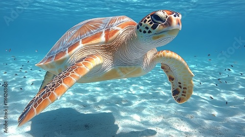 Sea turtle glides gracefully through clear water surrounded by colorful fish ...
