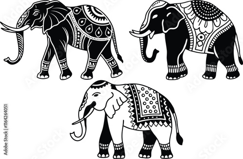 Mandala style Elephant set vector, Mandala style Elephant silhouette vector illustration photo