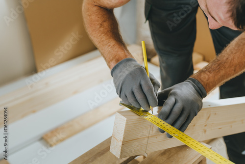Close up of carpenter measuring wooden board using tools in his workshop