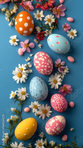 Colorful Easter eggs and flowers arranged on a light blue surface for spring ...
