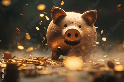 A close-up of a breaking piggy bank with coins scattering across a dark surface. photo