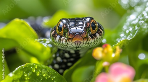 Close-up view of a colorful snake resting among green grass and dried leaves ...