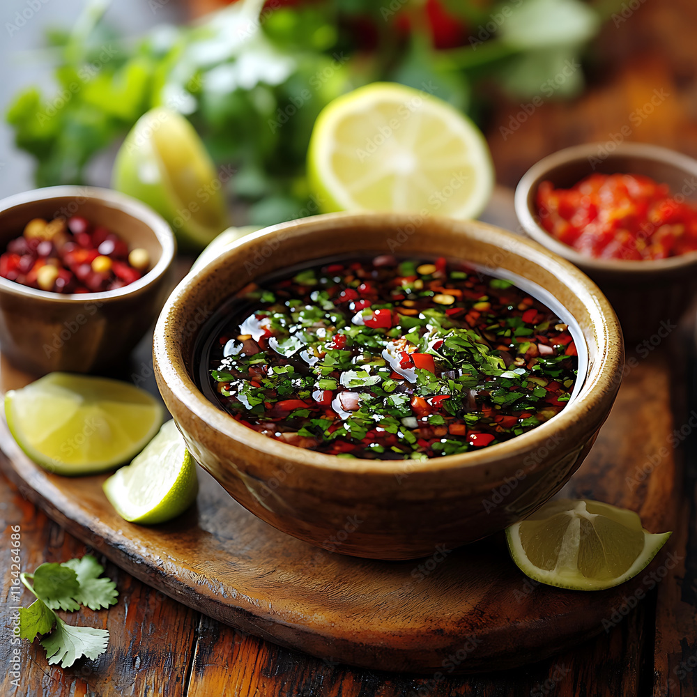 Spicy marinade with fresh herbs, lime, and chili peppers in wooden bowl. Perfect for enhancing flavors in dishes Spicy marinade with fresh herbs, lime, and chili peppers in wooden bowl. Perfect for enhancing flavors in dishes
